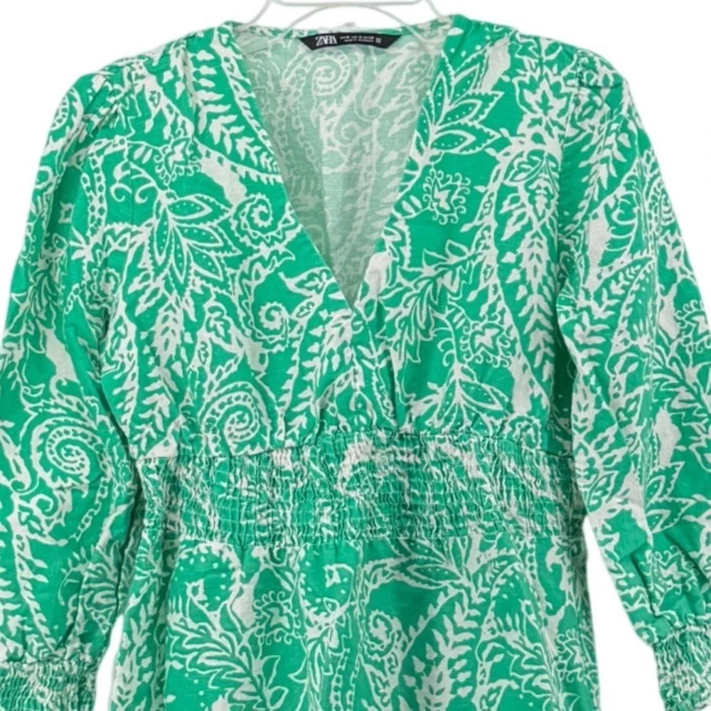 Zara Green Paisley Smocked Mini Dress Medium Festival Stagecoach Boho Spring - Picture 3 of 7